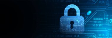 Bilgi güvenliği konusunda soyut teknolojik altyapı. Taslağın ortasında rakamlar olan soyut kilit simgesi.