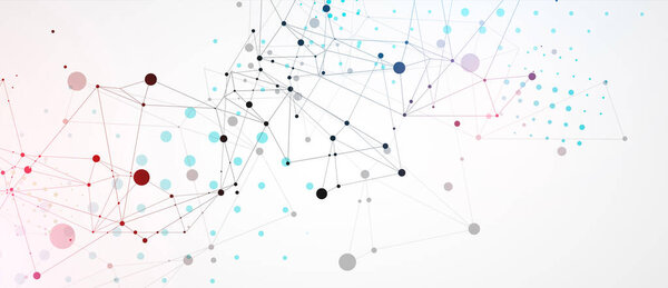 Template for science and technology presentation. Circles are connected by lines. Plexus style background.