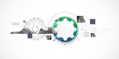 Soyut arkaplan. Daire şeklinde oluşmuş teknik elementlerin kullanımıyla ilgili bilimsel ve teknolojik kavram. Vektör.