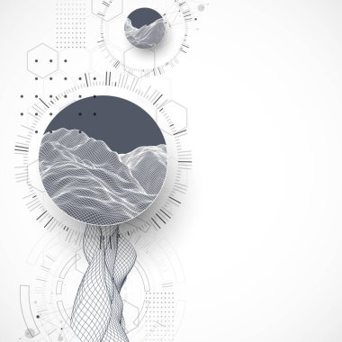 Kablo dalgası ve teknoloji çemberleriyle soyut kompozisyon. Vektör