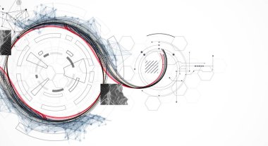 Soyut arkaplan. Daire şeklinde oluşmuş teknik elementlerin kullanımıyla ilgili bilimsel ve teknolojik kavram. Çizgi çalışması. Vektör