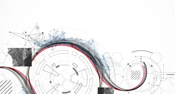 Soyut arkaplan. Daire şeklinde oluşmuş teknik elementlerin kullanımıyla ilgili bilimsel ve teknolojik kavram. Çizgi çalışması. Vektör