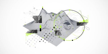 Soyut kablo çerçeveli dağ arkaplanı. Modern bilim ya da teknoloji sanat unsurları. Yüzey illüstrasyonu. 