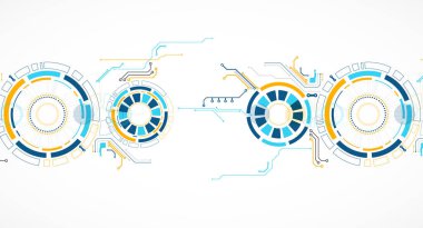 Soyut arkaplan. Daire şeklinde oluşmuş teknik elementlerin kullanımıyla ilgili bilimsel ve teknolojik kavram. Vektör