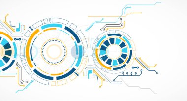 Soyut arkaplan. Daire şeklinde oluşmuş teknik elementlerin kullanımıyla ilgili bilimsel ve teknolojik kavram. Vektör