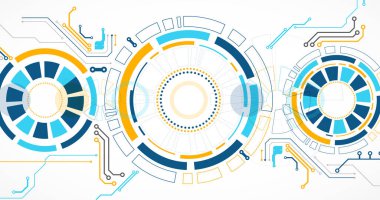 Soyut arkaplan. Daire şeklinde oluşmuş teknik elementlerin kullanımıyla ilgili bilimsel ve teknolojik kavram. Vektör