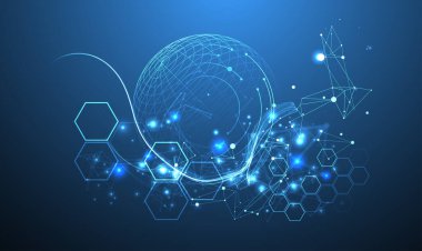 Pleksus etkisi olan soyut küre arkaplanı. Üç boyutlu yüzey. Vektör illüstrasyonu.