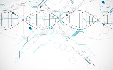 Bilimsel ve teknolojik geçmiş. DNA molekülünün soyut görüntüsü. Vektör illüstrasyonu.