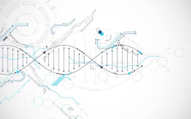 Bilimsel ve teknolojik geçmiş. DNA molekülünün soyut görüntüsü. Vektör illüstrasyonu.