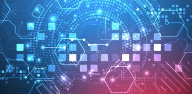 Soyut arkaplan. Daire şeklinde oluşmuş teknik elementlerin kullanımıyla ilgili bilimsel ve teknolojik kavram. Vektör