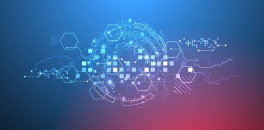 Soyut arkaplan. Daire şeklinde oluşmuş teknik elementlerin kullanımıyla ilgili bilimsel ve teknolojik kavram. Vektör