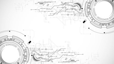 Gri renkli teknolojik arka plan. Grinin farklı tonlarında teknik çizgiler kullanılmış. Vektör