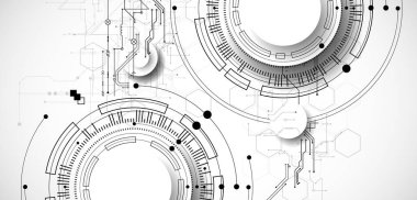 Gri renkli teknolojik arka plan. Grinin farklı tonlarında teknik çizgiler kullanılmış. Vektör