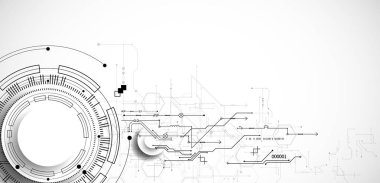 Gri renkli teknolojik arka plan. Grinin farklı tonlarında teknik çizgiler kullanılmış. Vektör