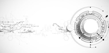 Gri renkli teknolojik arka plan. Grinin farklı tonlarında teknik çizgiler kullanılmış. Vektör