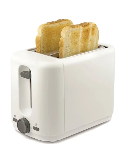 白い背景に隔離された電気トースターで2切れの黄金の茶色のトースト — ストック写真