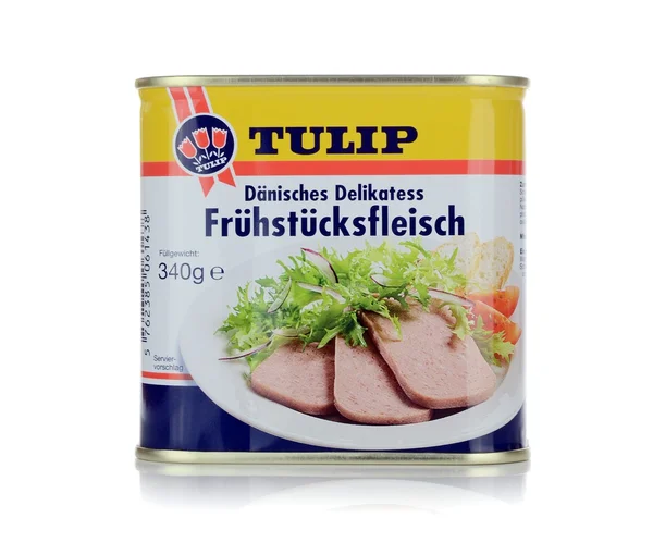 Een tin van tulip fruestueckfleisch lunch vlees — Stockfoto