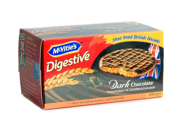 Uma caixa de biscoitos digestivos de chocolate escuro McVities — Fotografia de Stock