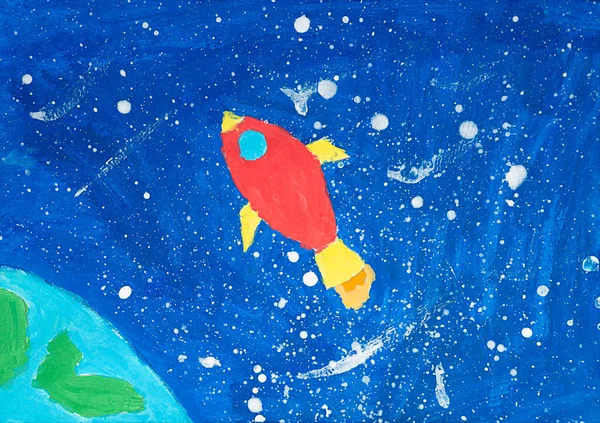 Simple drawing with watercolors about space travel and the future
