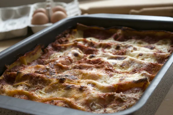 Baking pan of lasagna — Stock Photo, Image