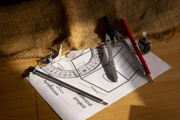 Work Tools Architect Technical Drawing Farmhouse — Stock Photo, Image