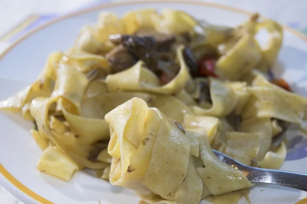 Pappardelle met eetbare bronskleurig en kerstomaatjes — Stockfoto