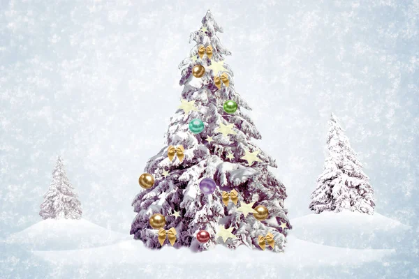 Yay Toplarla Süslenmiş Noel Ağacıyla Dolu Tebrik Kartı — Stok fotoğraf