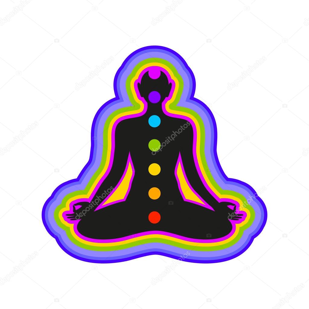 Yoga Lotus. Human silhouette meditating with chakras and aura. Yoga logo - design template. Concept for Yoga studio, Ayurveda center, Spa, Meditation club. Vector graphic illustration.