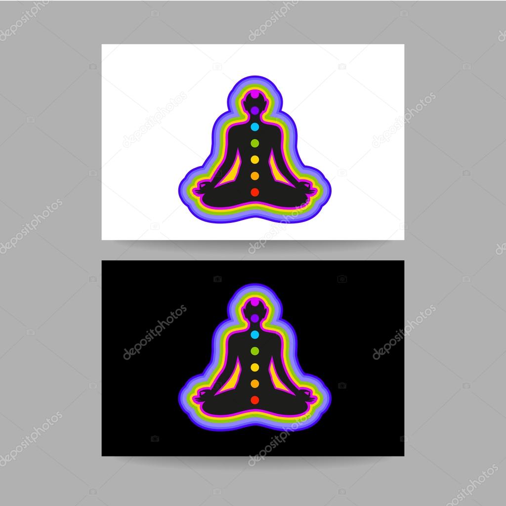 Human silhouette meditating with chakras and aura. Concept business card design for Yoga studio, Ayurveda center, Spa, Relax, Meditation club. Vector graphic illustration.