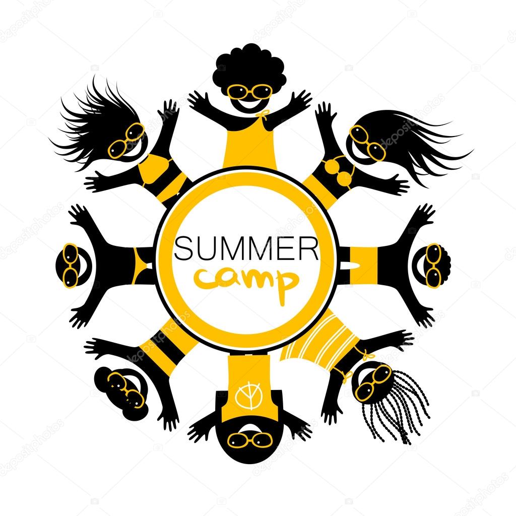 Summer camp. Logo Design Template. Happy children of different nationalities rest on the sea beach. Vector illustration.
