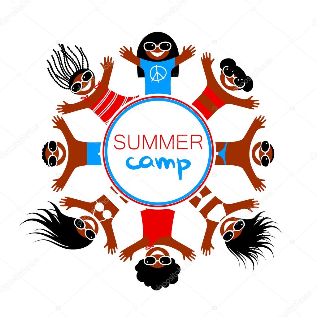 Summer camp. Logo Design Template. Happy children of different nationalities rest on the sea beach. Vector illustration.