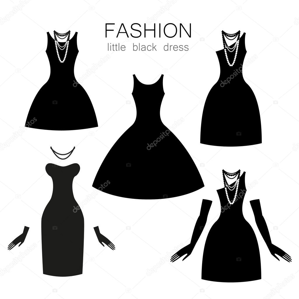 Black dress on a white background. The collection of clothing and accessories.