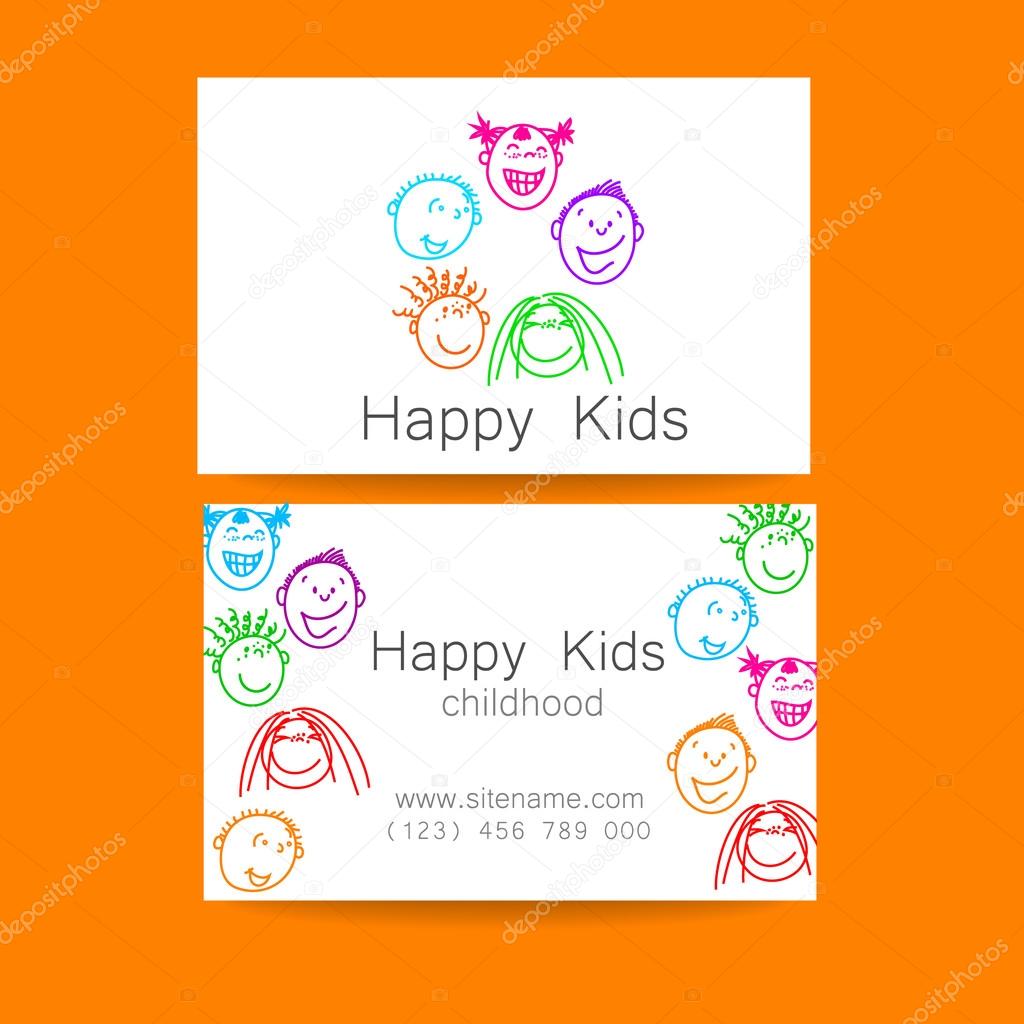 Happy children logo. Template design sign for school, kindergarten, summer camps, children's team and others. Branded business card.