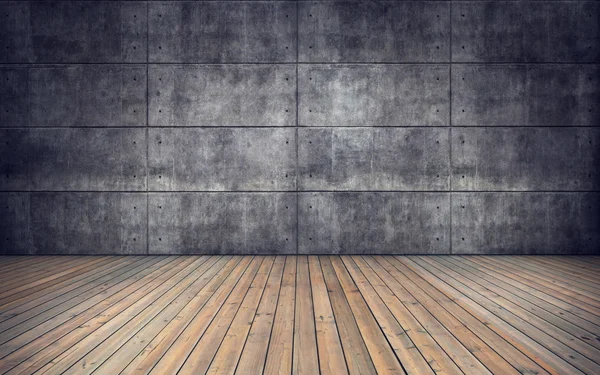 Empty room with wooden floor and concrete tiles wall — Stock Photo, Image