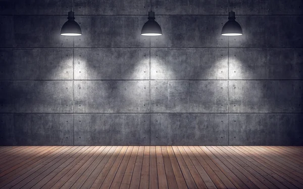 Leerer Raum mit Lampen. Wand aus Holzboden und Betonfliesen — Stockfoto