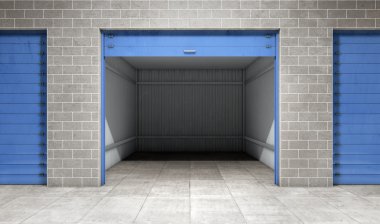 Empty open door self storage unit . 3d rendering clipart