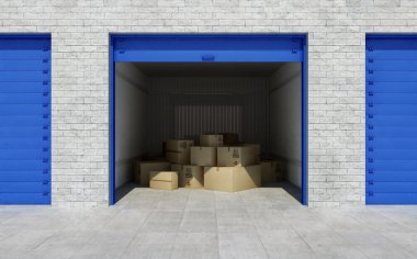 Açık self depolama birimi karton kutu tam. 3D render