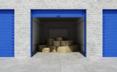 Open self storage unit full of cardboard boxes. 3d rendering clipart