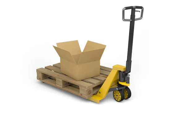 Pallet jack with pallet and cardboard box isolated on white. 3d — Stock Photo, Image