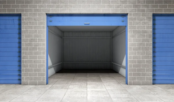 Unidad de auto almacenamiento de puerta abierta vacía. renderizado 3d — Foto de Stock