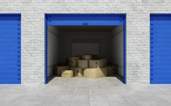 Aprire unità di self storage pieno di scatole di cartone. rendering 3d — Foto Stock