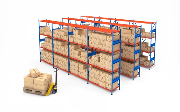 Warehouse rack full of cardboard boxes. 3d rendering — Stock Photo, Image