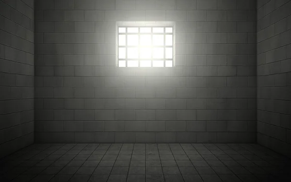 Une cellule de prison avec de la lumière qui brille à travers une fenêtre barrée. 3d rende — Photo