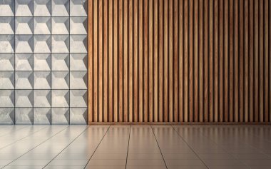 Duvarında ahşap tahtalar olan modern boş bir iç mekan. 3d oluşturma