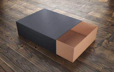 Kapağı açık ve içinde karton olan kara kutu. 3d oluşturma