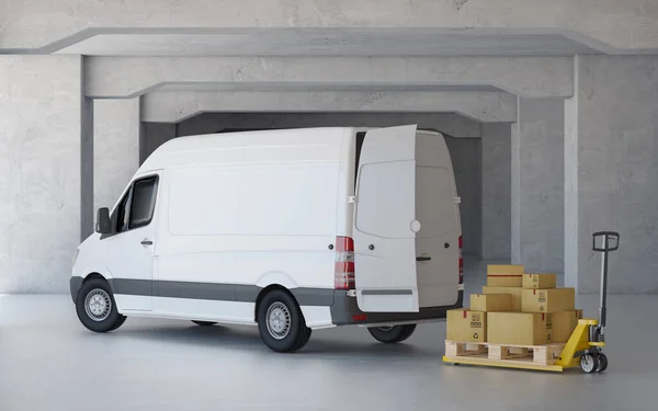New Delivery Van Warehouse Cargo Loading Rendering — Stock Photo, Image