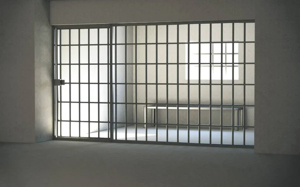 Prison Cell Interior Locked Door Light Shining Window Rendering — Stock Photo, Image