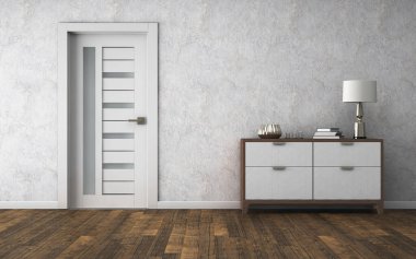 Çekmeceli, kapılı, ahşap zeminli boş, minimalist bir iç mekan. 3d oluşturma