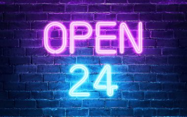 Tuğla duvarda 24 saat açık neon pano. 3d oluşturma