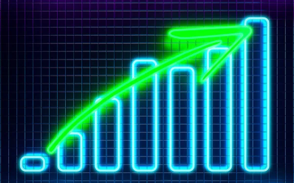 Futuristic glowing blue diagram growth chart with green rising arrow on dark background with blurred reflections. 3d rendering
